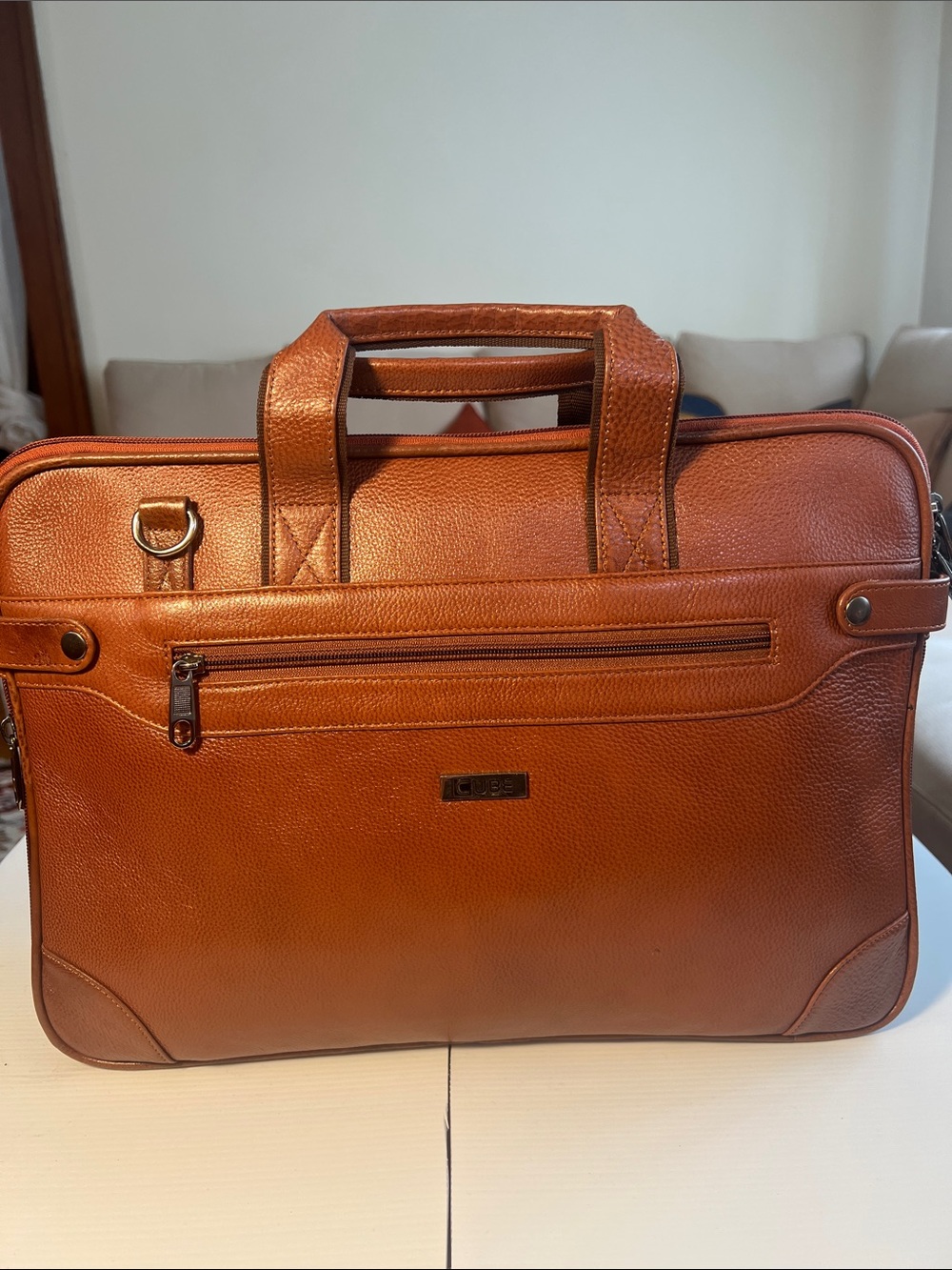 BOSS Tan100% Leather Briefcase with Top Handles